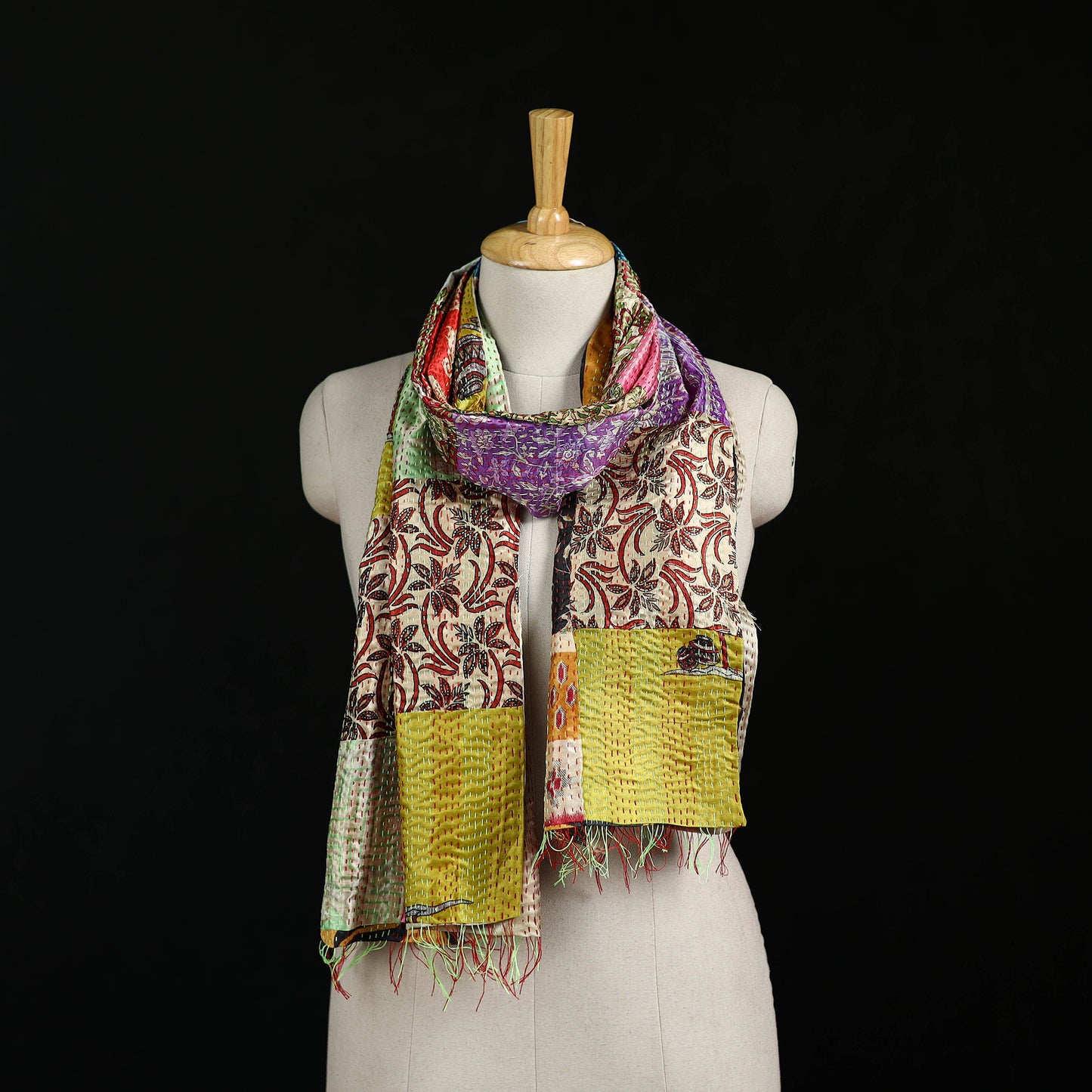 Bengal Kantha Handwork Patchwork Reversible Silk Stole 212