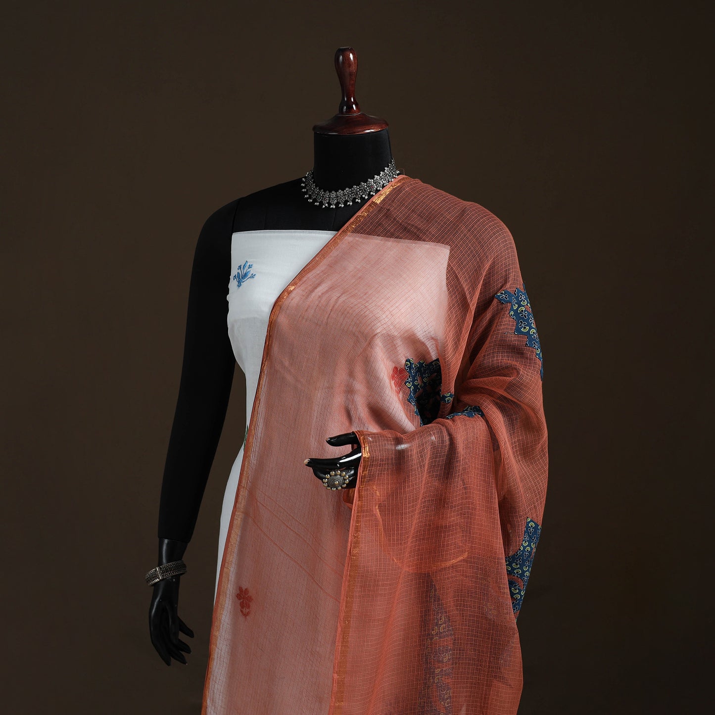 Kota Doria Cotton Barmer Applique Work Dupatta with Zari Border 12