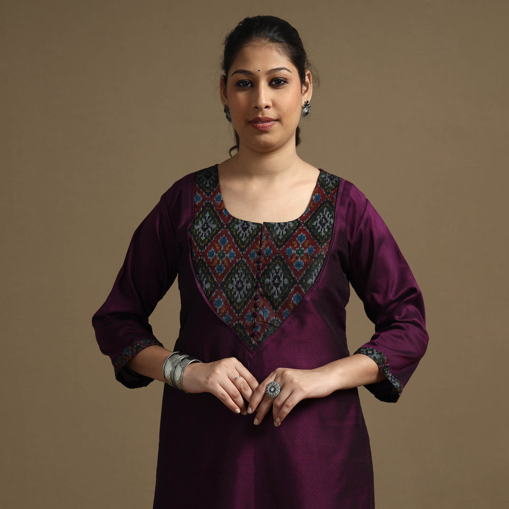 Dark Purple - Plain Solid Slub Silk Straight Kurta