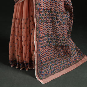 Peach - Bengal Kantha Hand Embroidery Silk Cotton Chapa Work Saree 94