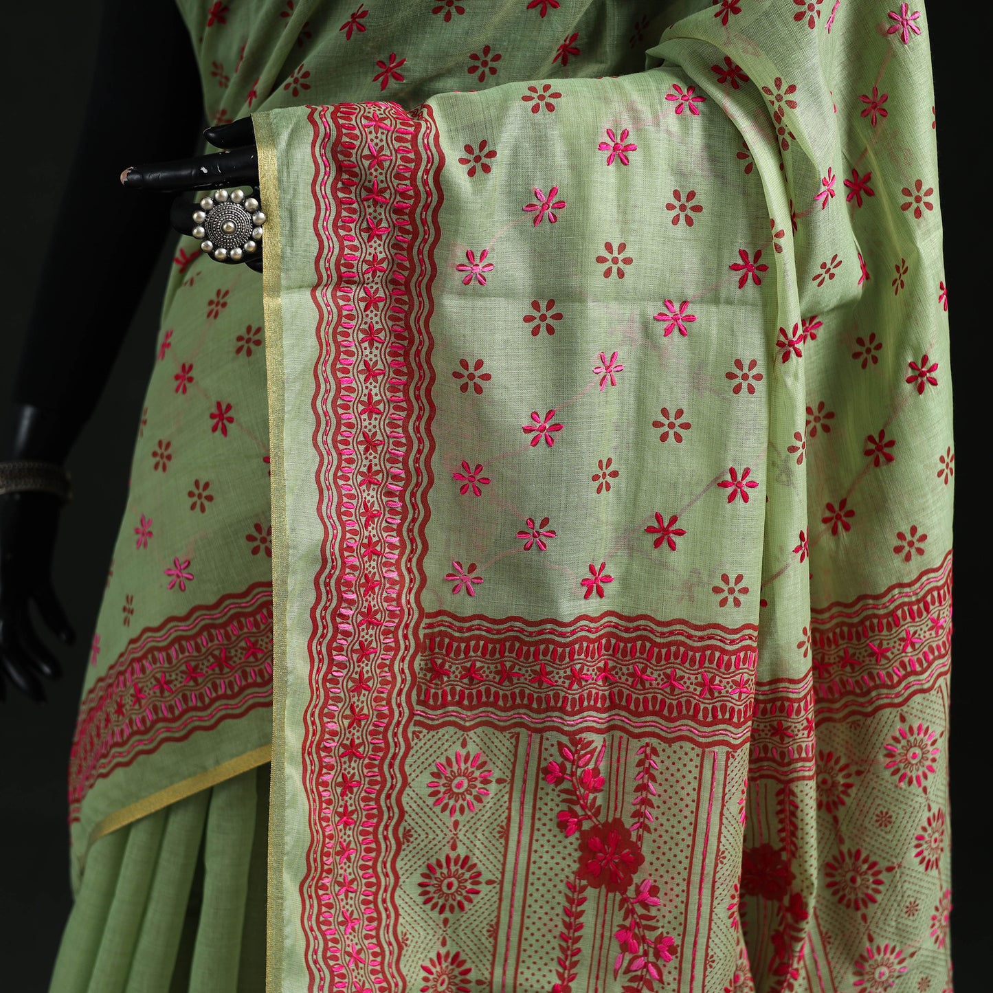 Bengal Kantha Hand Embroidery Silk Cotton Chapa Work Saree 95