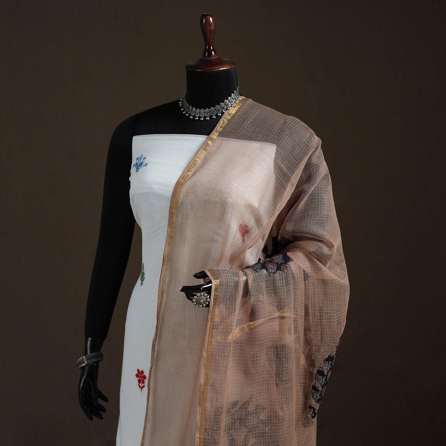 Kota Doria Cotton Barmer Applique Work Dupatta with Zari Border 13