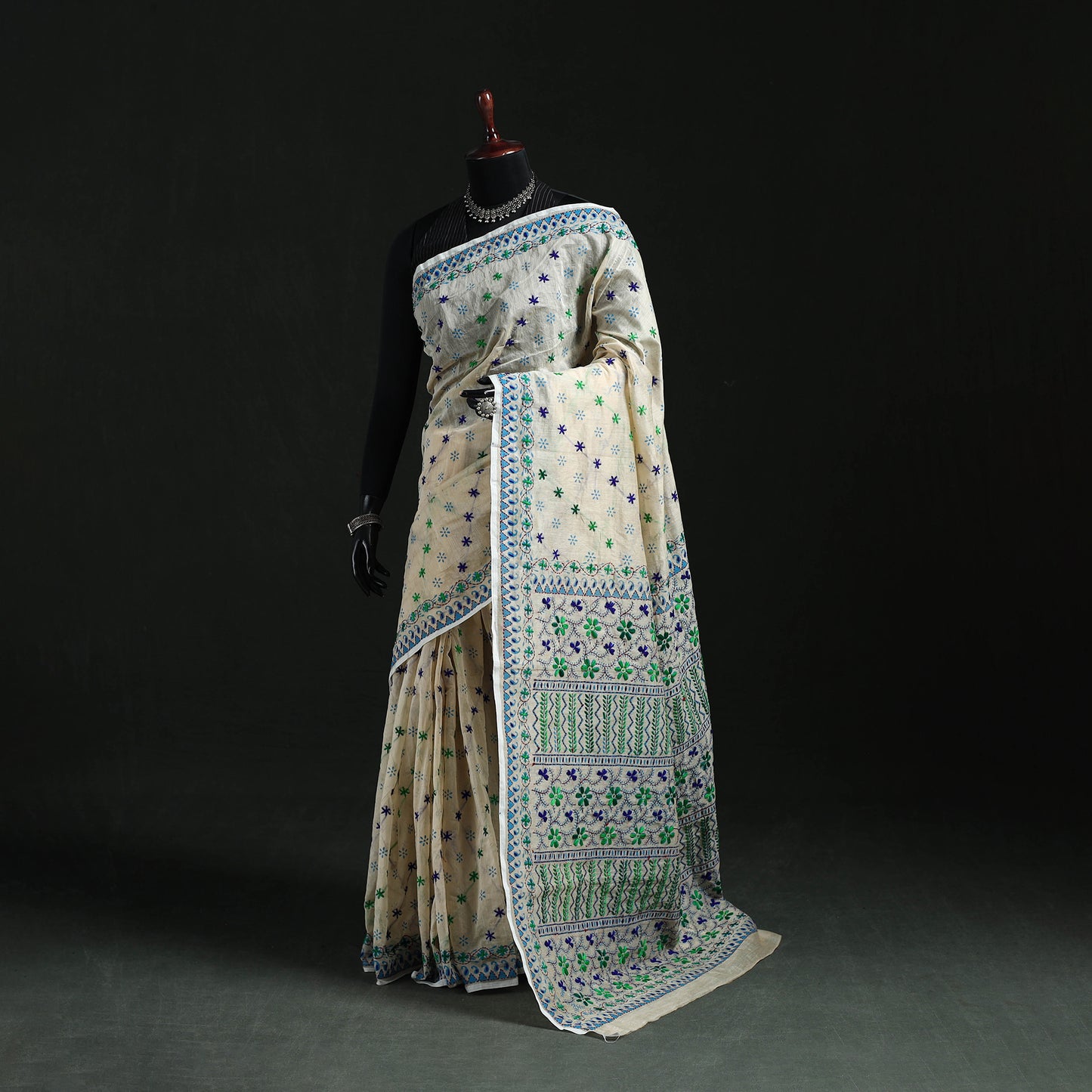 White - Bengal Kantha Hand Embroidery Silk Cotton Chapa Work Saree 96