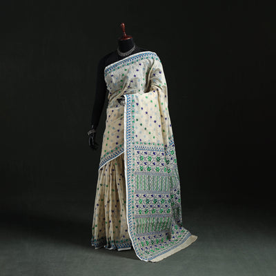 White - Bengal Kantha Hand Embroidery Silk Cotton Chapa Work Saree 96