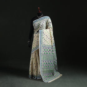 White - Bengal Kantha Hand Embroidery Silk Cotton Chapa Work Saree 96