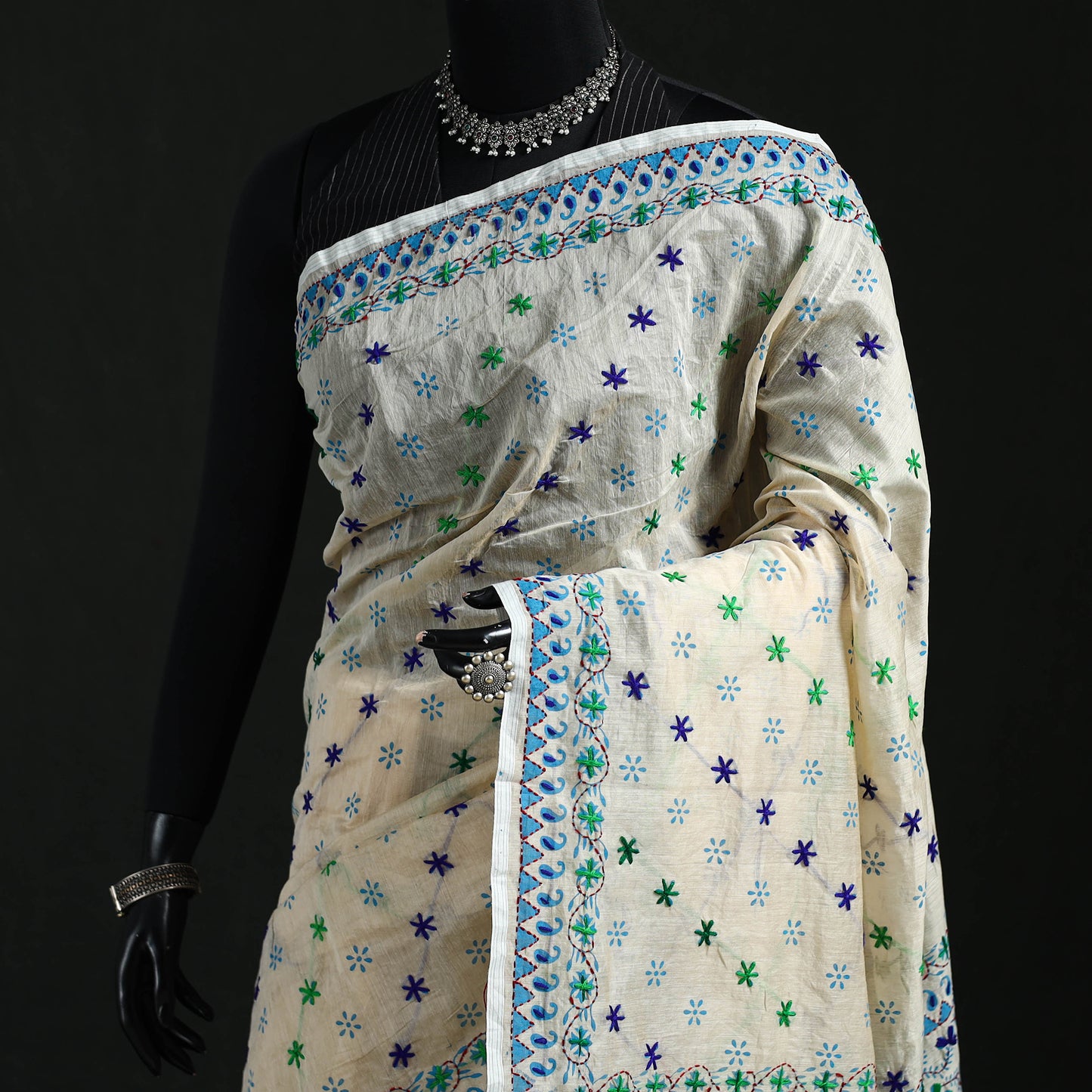 White - Bengal Kantha Hand Embroidery Silk Cotton Chapa Work Saree 96