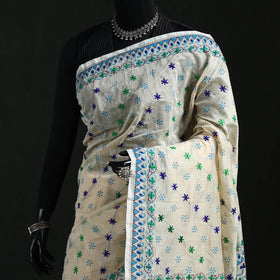 White - Bengal Kantha Hand Embroidery Silk Cotton Chapa Work Saree 96