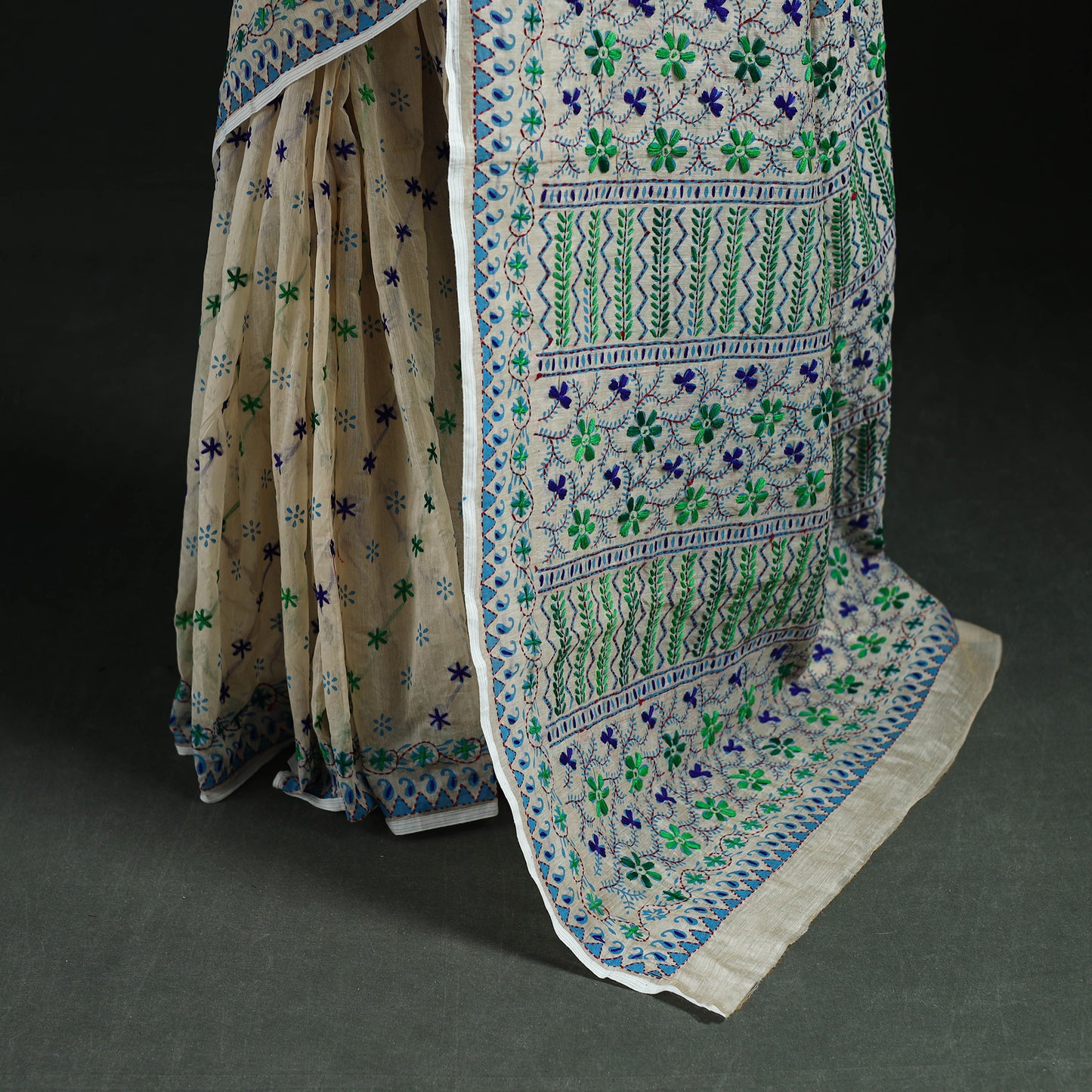 White - Bengal Kantha Hand Embroidery Silk Cotton Chapa Work Saree 96
