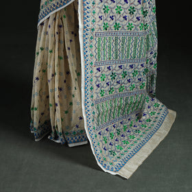 White - Bengal Kantha Hand Embroidery Silk Cotton Chapa Work Saree 96