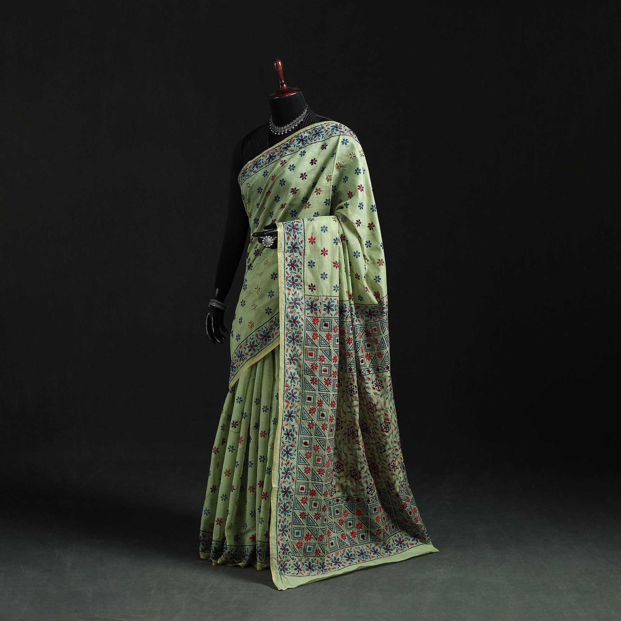 Hand Chapa Bengal Kantha Hand Embroidery Silk Cotton Chapa Work Saree
