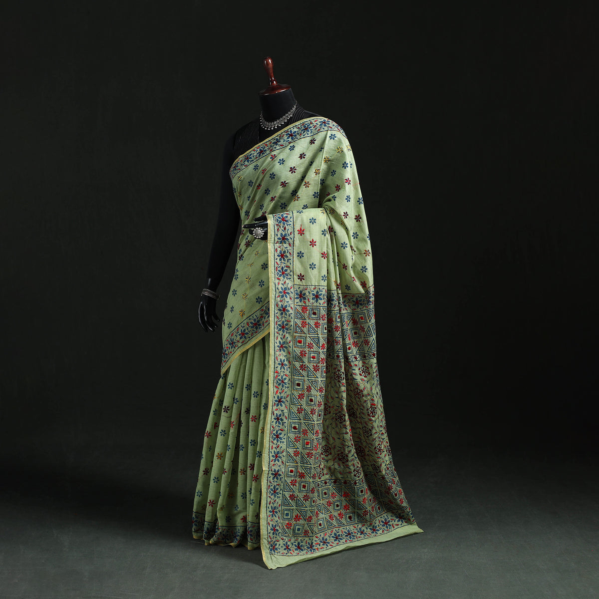 Green - Bengal Kantha Hand Embroidery Silk Cotton Chapa Work Saree 97