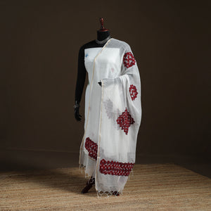 White - Kota Doria Cotton Barmer Applique Work Dupatta with Zari Border 15