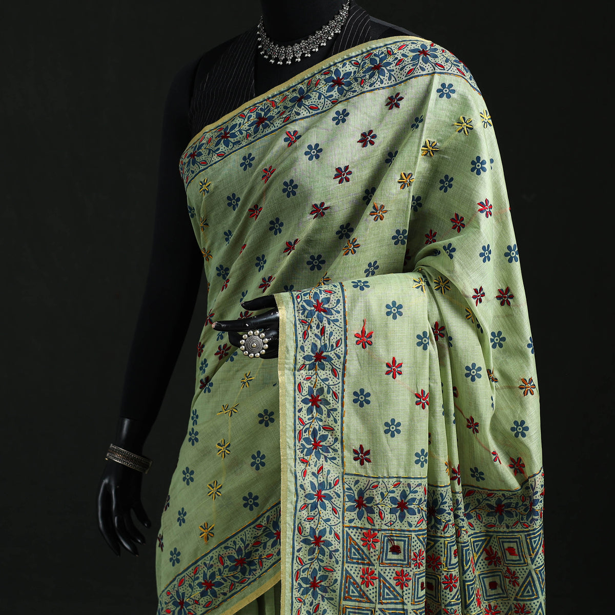 Green - Bengal Kantha Hand Embroidery Silk Cotton Chapa Work Saree 97