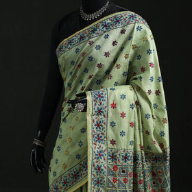 Green - Bengal Kantha Hand Embroidery Silk Cotton Chapa Work Saree 97
