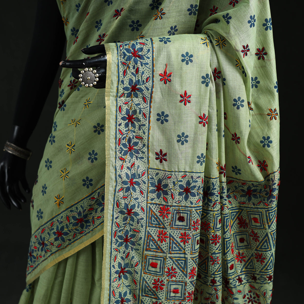 Green - Bengal Kantha Hand Embroidery Silk Cotton Chapa Work Saree 97