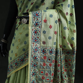 Green - Bengal Kantha Hand Embroidery Silk Cotton Chapa Work Saree 97