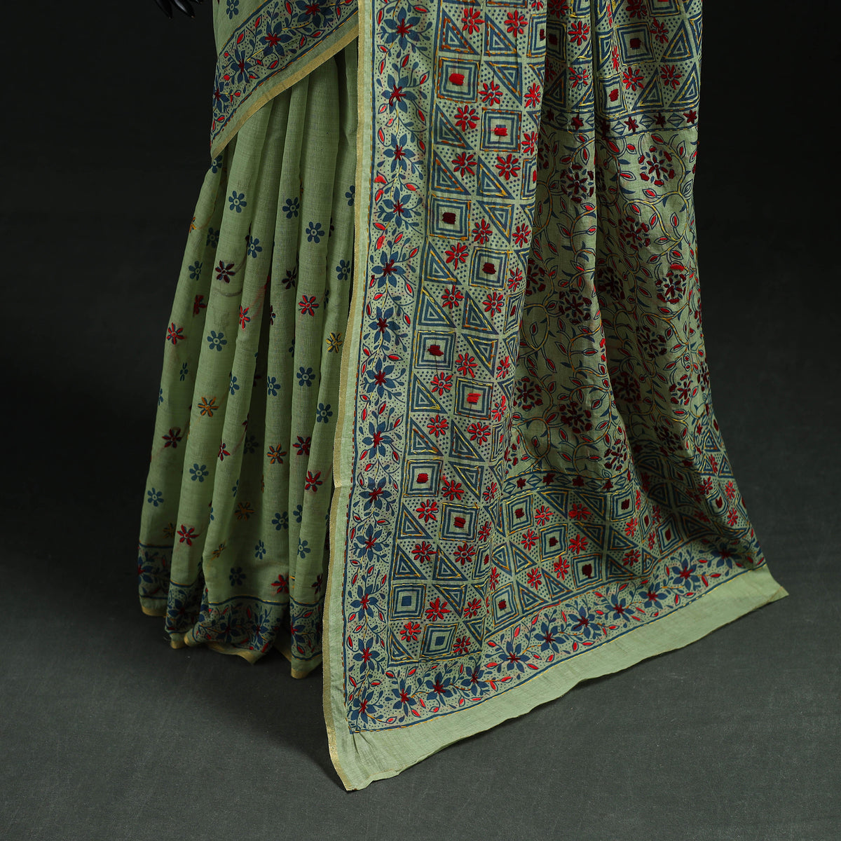 Green - Bengal Kantha Hand Embroidery Silk Cotton Chapa Work Saree 97