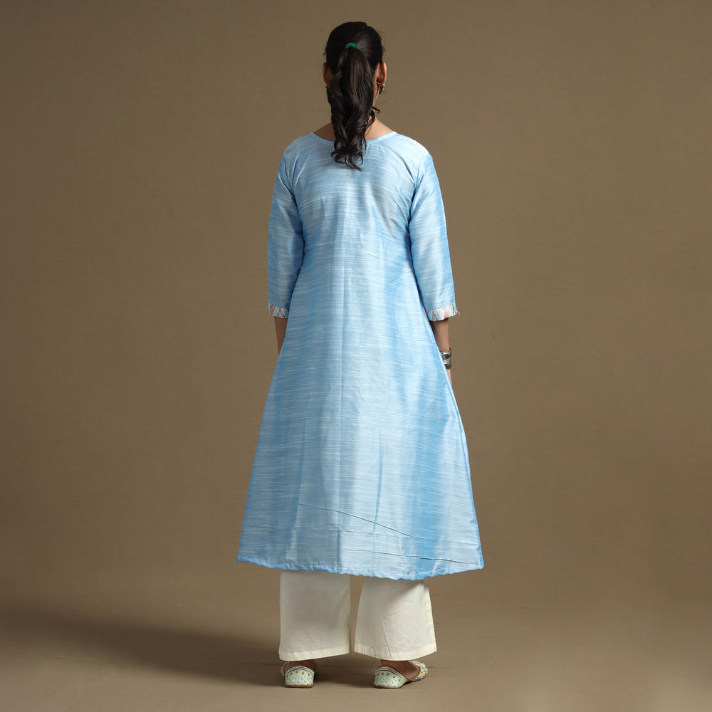 Sky Blue - Plain Solid Slub Silk A-Line Long Kurta