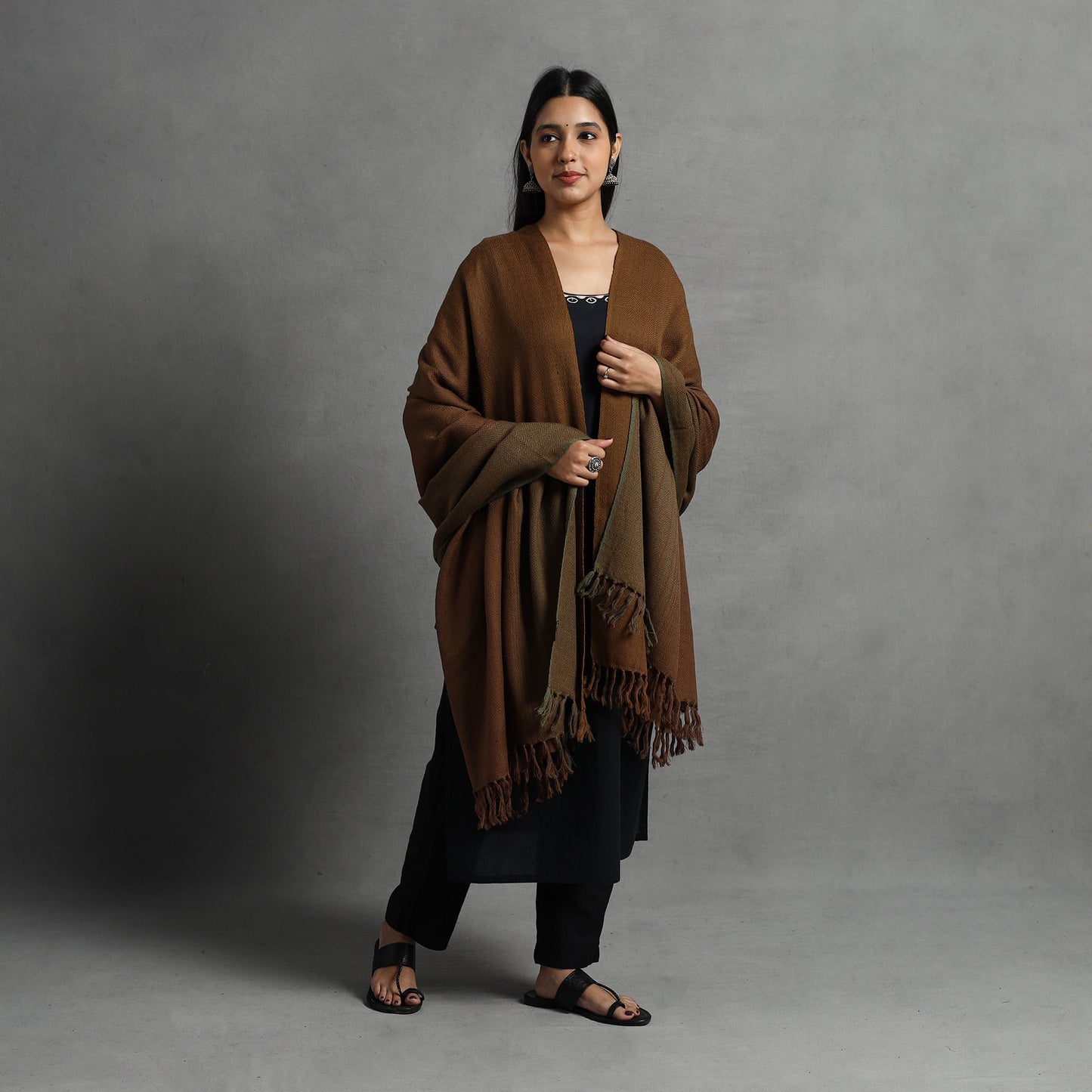 Brown - Kumaun Handwoven Pure Merino Wool Shawl for Women 74