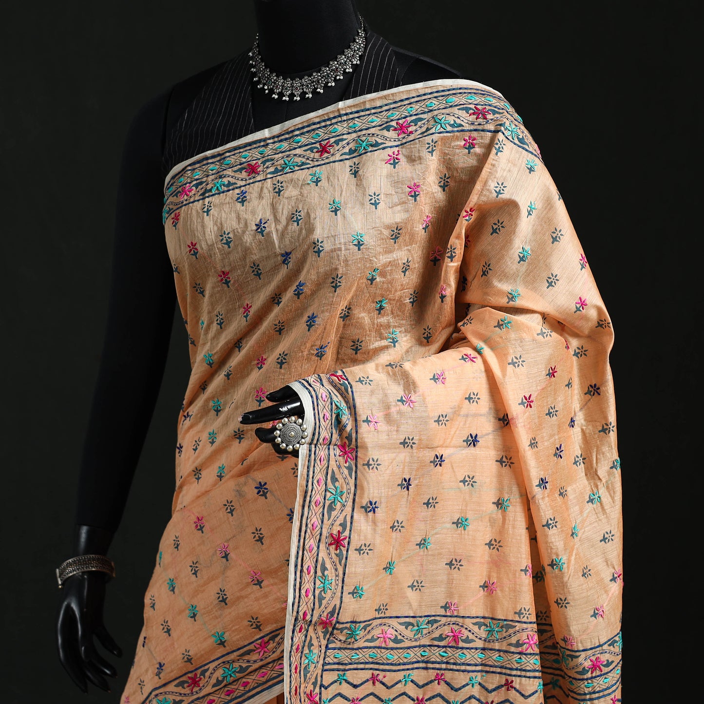 Beige - Bengal Kantha Hand Embroidery Silk Cotton Chapa Work Saree 98