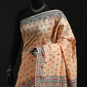 Beige - Bengal Kantha Hand Embroidery Silk Cotton Chapa Work Saree 98