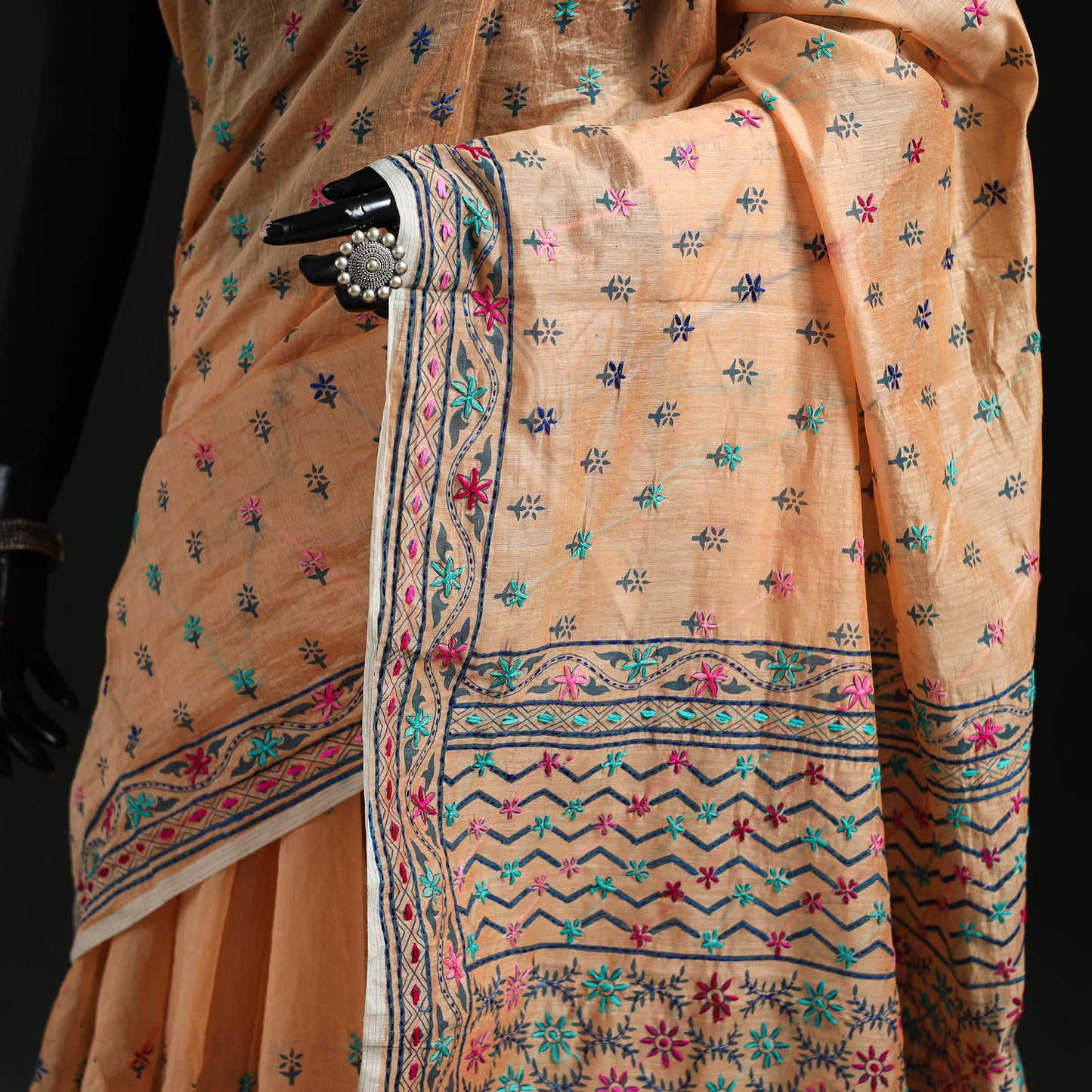 Beige - Bengal Kantha Hand Embroidery Silk Cotton Chapa Work Saree 98