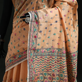 Beige - Bengal Kantha Hand Embroidery Silk Cotton Chapa Work Saree 98