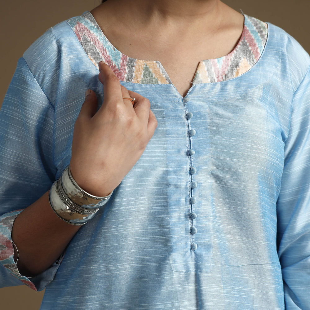 Sky Blue - Plain Solid Slub Silk A-Line Long Kurta