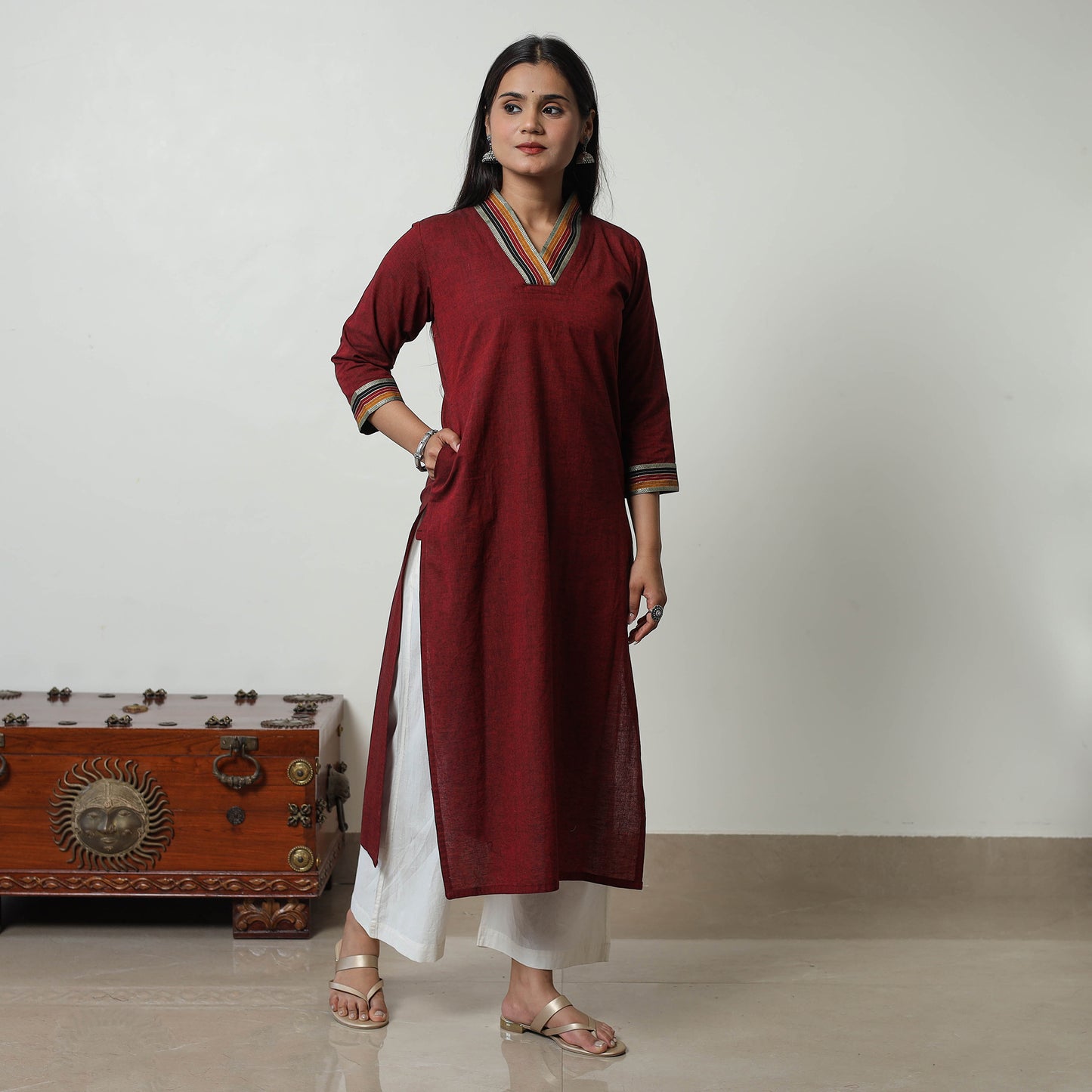 Maroon - Dharwad Mercerised Cotton Straight Kurta 05