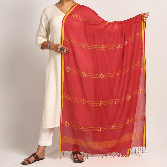 Red - Bengal Jamdani Buti Handloom Cotton Dupatta with Tassels