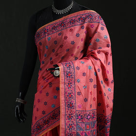 Pink - Bengal Kantha Hand Embroidery Silk Cotton Chapa Work Saree 99