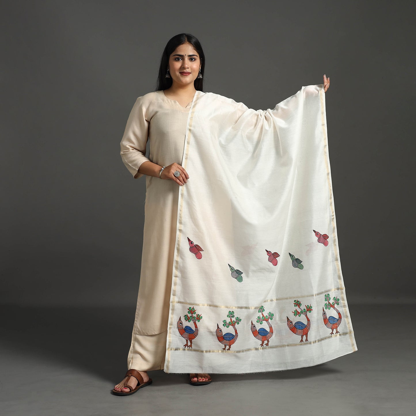 White - Original Gond Handpainted Handloom Chanderi Silk Dupatta 20