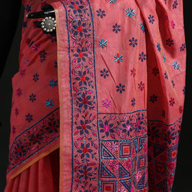 Pink - Bengal Kantha Hand Embroidery Silk Cotton Chapa Work Saree 99