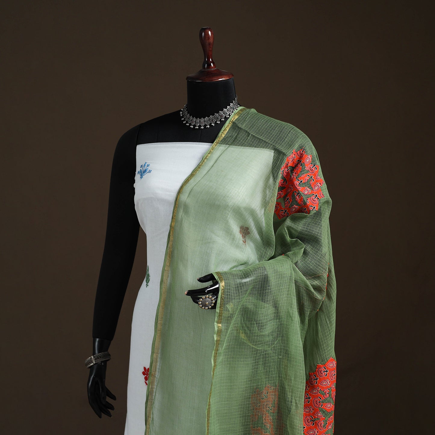 Kota Doria Cotton Barmer Applique Work Dupatta with Zari Border 19
