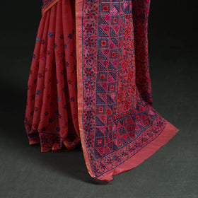 Pink - Bengal Kantha Hand Embroidery Silk Cotton Chapa Work Saree 99