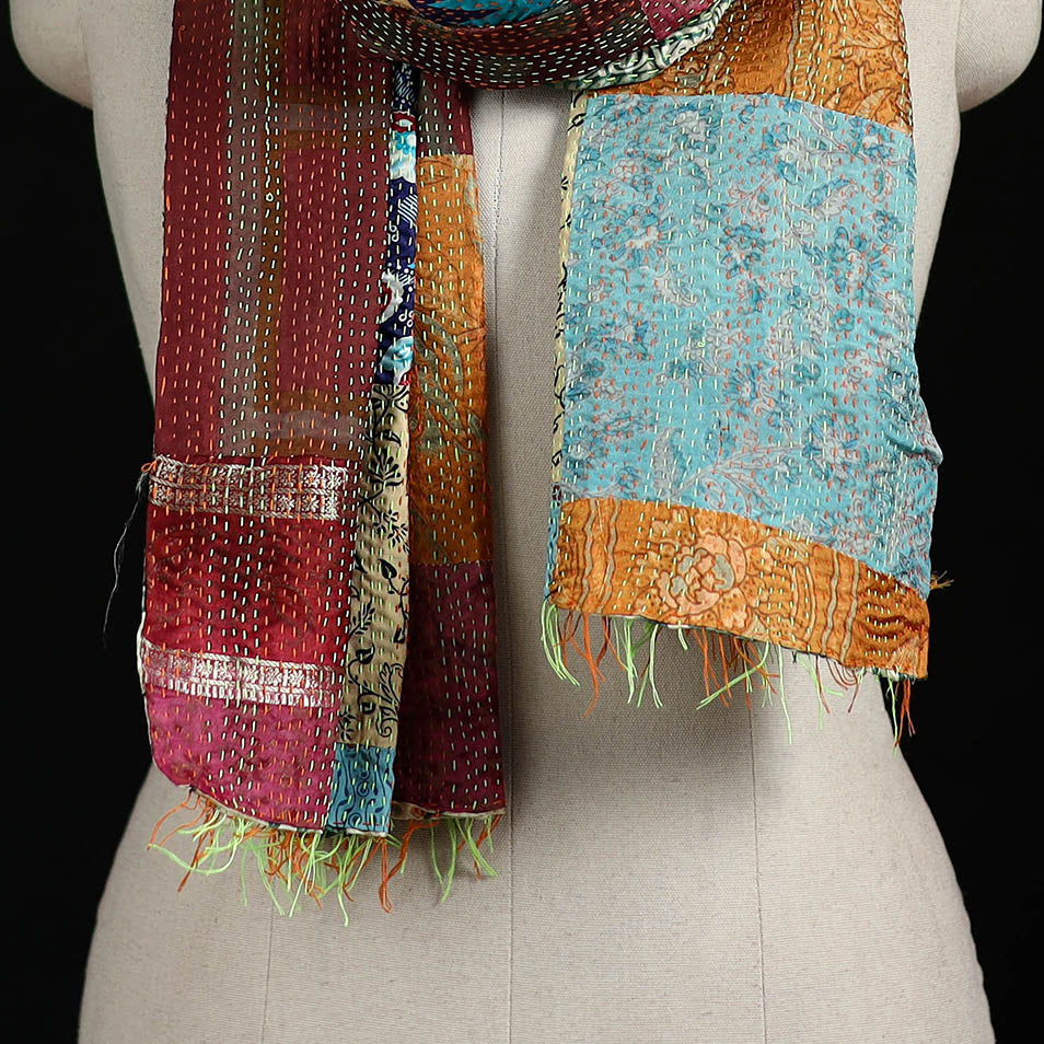 Bengal Kantha Handwork Patchwork Reversible Silk Stole 235