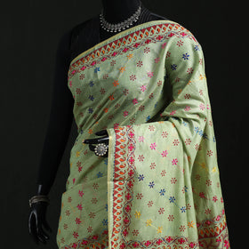 Green - Bengal Kantha Hand Embroidery Silk Cotton Chapa Work Saree 100