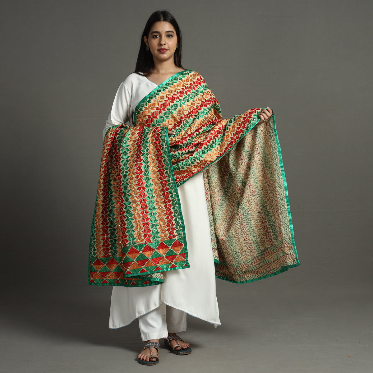 Multicolor - Traditional Phulkari Embroidery Jaal Silk Chinon Dupatta 56