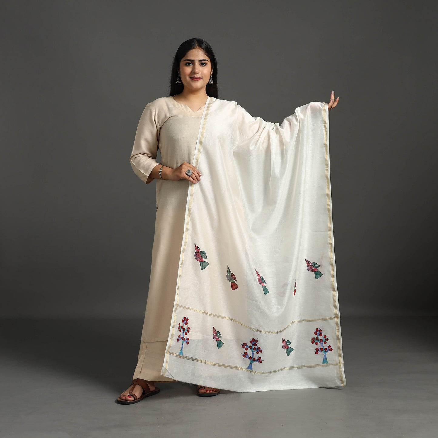 White - Original Gond Handpainted Handloom Chanderi Silk Dupatta 19