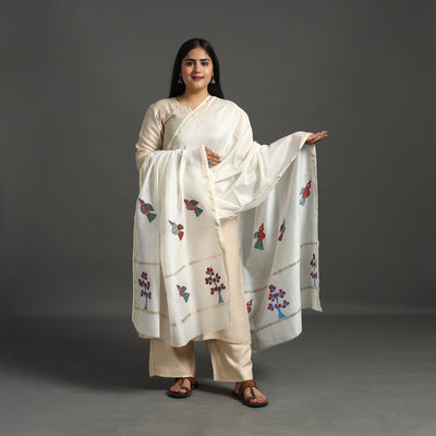 White - Original Gond Handpainted Handloom Chanderi Silk Dupatta 19