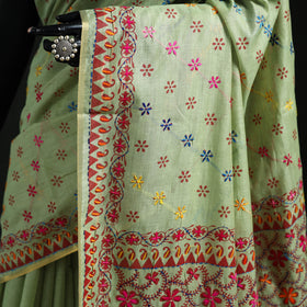 Green - Bengal Kantha Hand Embroidery Silk Cotton Chapa Work Saree 100