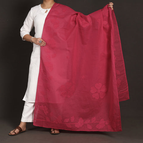 Red - Patti Kaam Applique Work Pure Cotton Dupatta from Rampur