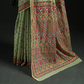 Green - Bengal Kantha Hand Embroidery Silk Cotton Chapa Work Saree 100
