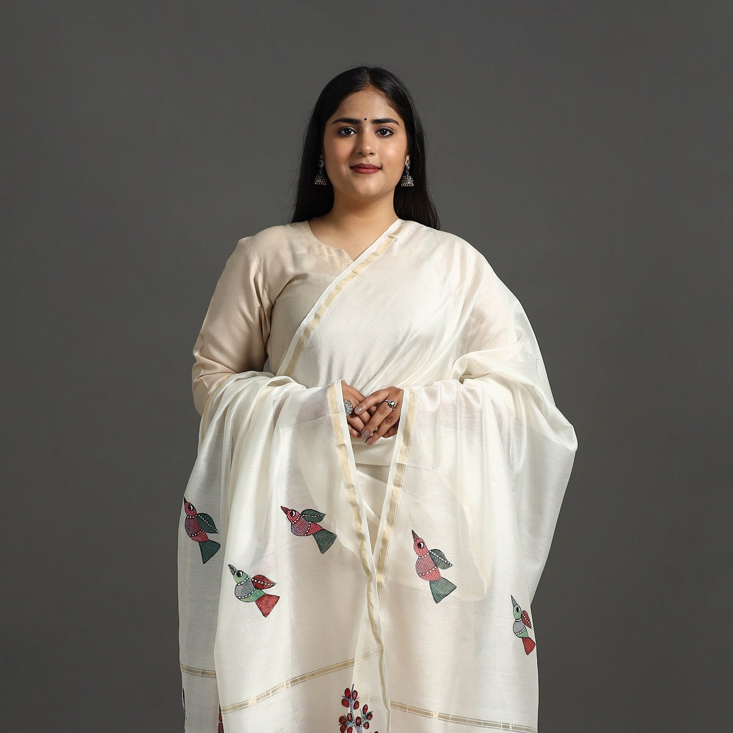 White - Original Gond Handpainted Handloom Chanderi Silk Dupatta 19