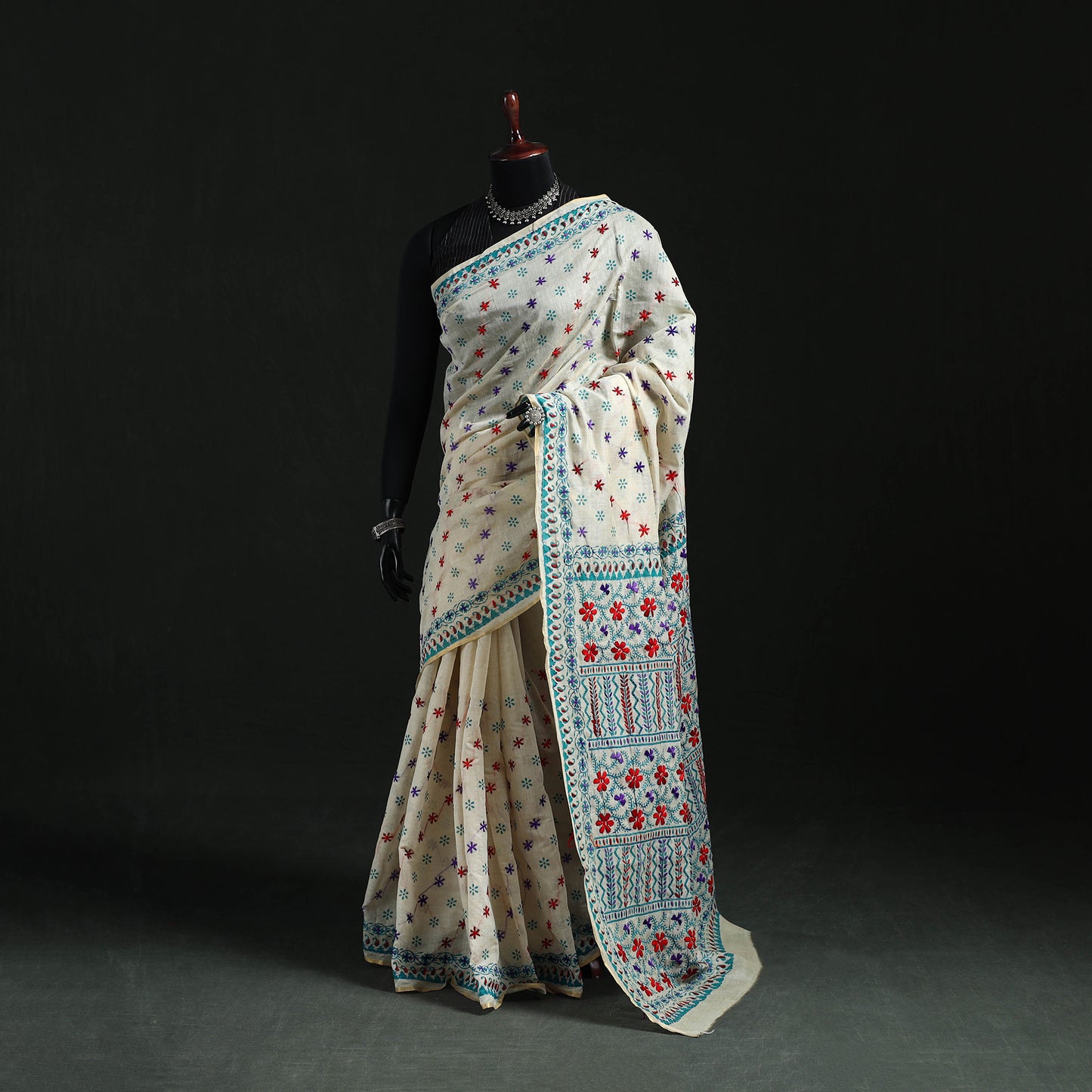 White - Bengal Kantha Hand Embroidery Silk Cotton Chapa Work Saree 102