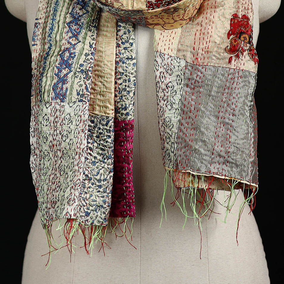 Bengal Kantha Handwork Patchwork Reversible Silk Stole 245