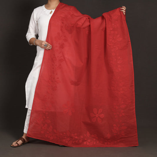 Red - Patti Kaam Applique Work Pure Cotton Dupatta from Rampur