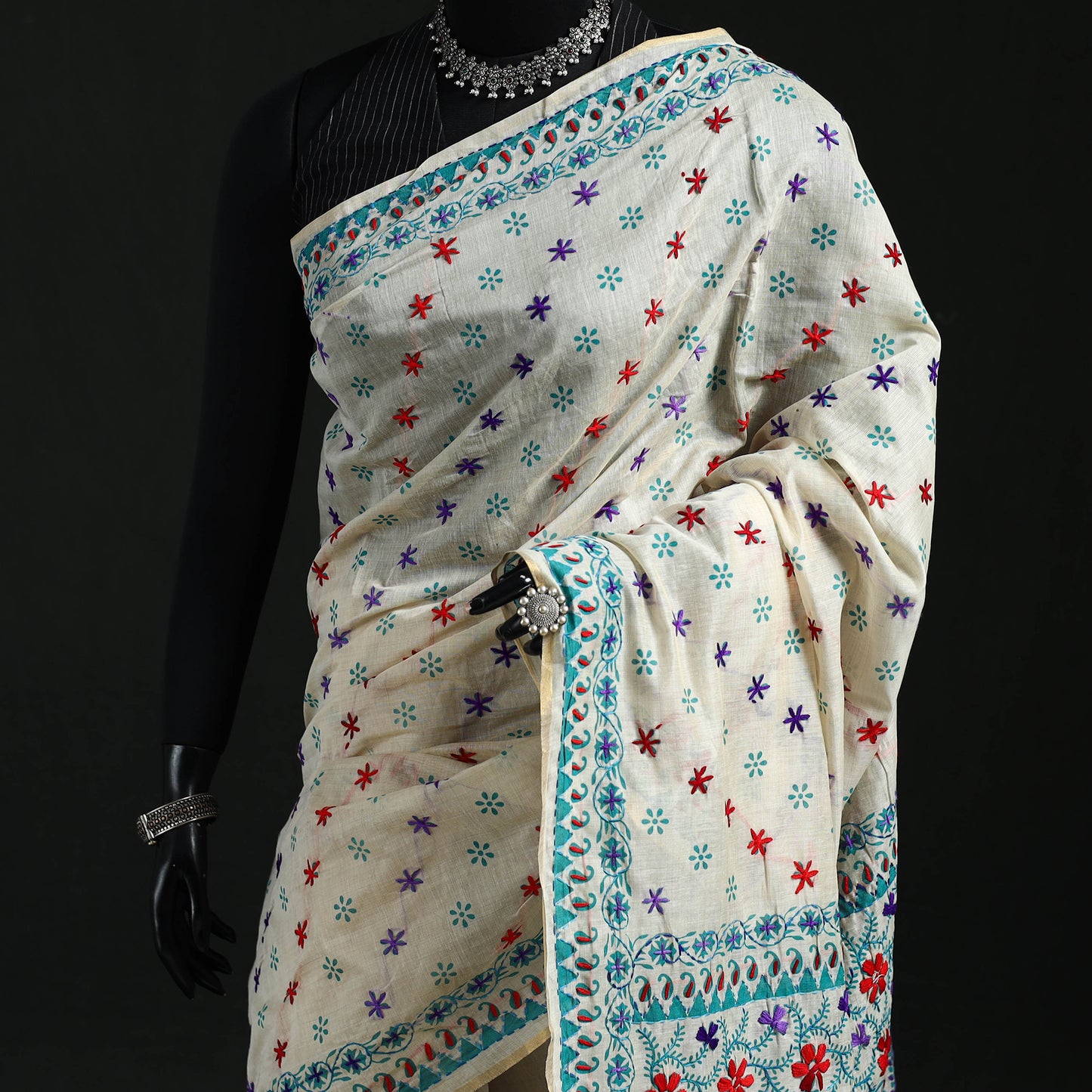 White - Bengal Kantha Hand Embroidery Silk Cotton Chapa Work Saree 102