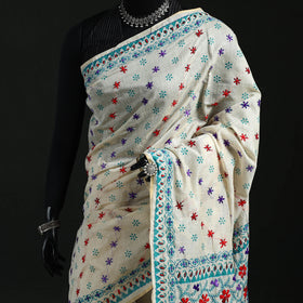 White - Bengal Kantha Hand Embroidery Silk Cotton Chapa Work Saree 102