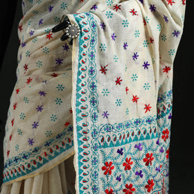 White - Bengal Kantha Hand Embroidery Silk Cotton Chapa Work Saree 102